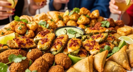 friends enjoying diverse selection of finger foods and appetizers with drinks at a celebration