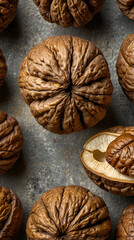 walnuts collection on rustic background for culinary uses