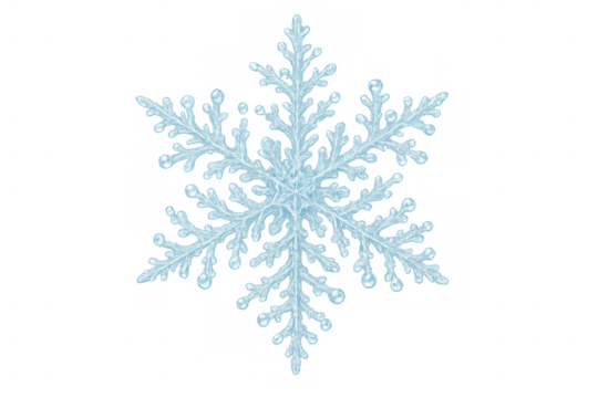 Winter ice crystal snowflake with intricate symmetric pattern and cold transparent blue texture for seasonal design