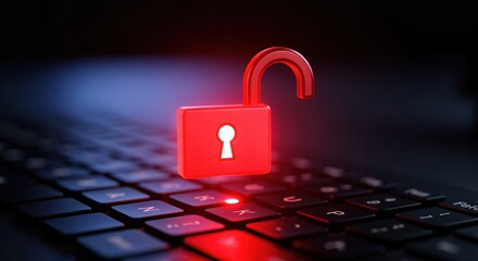 red glowing open padlock on a black keyboard symbolizing cyber security breach at night