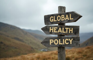 Wooden signpost displays text about global health policy. Directional arrows point towards health related topics. The photo illustrates global problems in the world. Blurred background features hills.