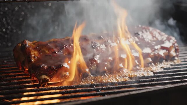 Slow Motion BBQ Ribs Cooking on Flaming Grill