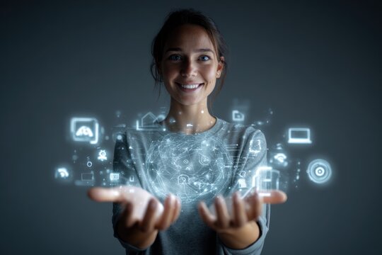 Woman smiling holding glowing digital interface in hands against dark background