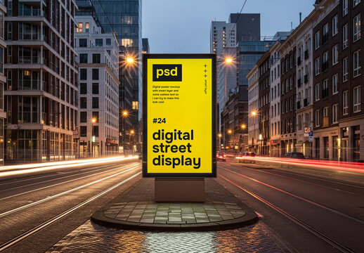 Realistic outdoor digital billboard mockup on a city street at night, surrounded by modern buildings and car light trails. Perfect for advertising, branding, and poster design presentations.