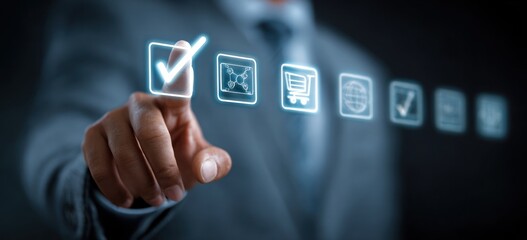 Businessman finger selecting glowing checkmark icon on dark screen
