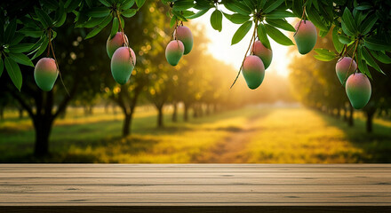 Sunlit mango orchard with ripe fruit hanging from trees
