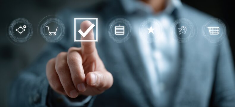 Businessman finger selecting a glowing checkmark icon on a digital interface.