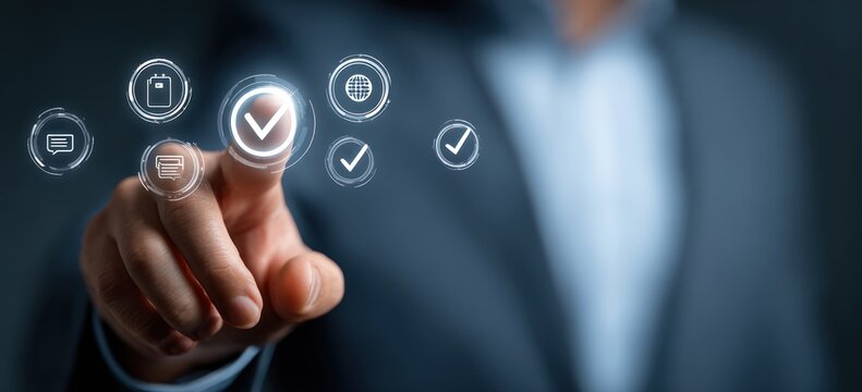 Finger touching glowing digital checkmark icon on dark background