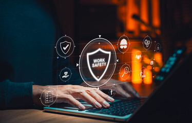 Work safety and occupational health concept. Person using laptop with icons for protection, risk management, assessment and safety protocols compliance in modern workplace and industrial environments.
