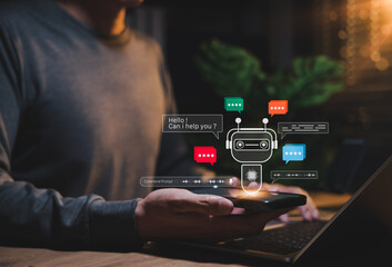 AI Chatbot Concept. Person using smartphone with virtual chat assistant, artificial intelligence technology, online customer support automation, conversation AI, communication innovation in business,