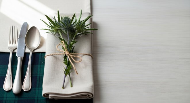 elegant table setting with decorative thistle and linen napkin on wooden dining table