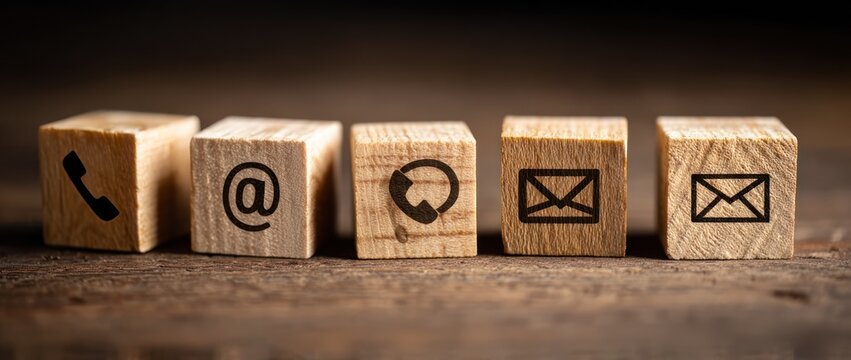 Wooden blocks show icons for phone email and contact methods.