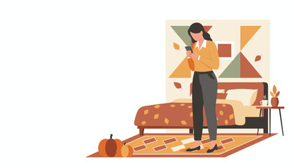 Woman checking phone in cozy fall bedroom Seasonal home decor and digital lifestyle