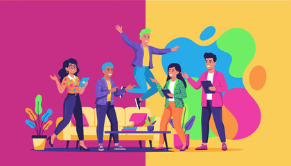 Happy diverse business team collaborating dynamically in a vibrant modern creative workspace illustration