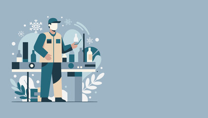 Manufacturing worker checks bottled products on a conveyor line Industrial production illustration