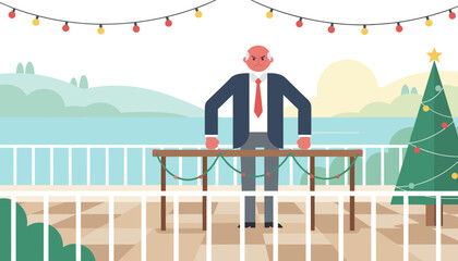 Angry executive on a Christmas balcony feeling holiday stress