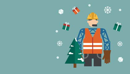Flat design illustration of a construction worker celebrating the winter holidays with gifts and snowflakes