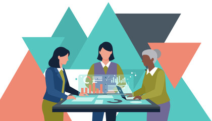 Diverse women analyzing virtual data charts during a collaborative business strategy meeting