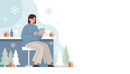 Sad woman using tablet at a holiday bar Winter blues and isolation concept