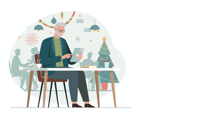 Senior man working on a digital tablet in a festive cafe blending business and holiday atmosphere