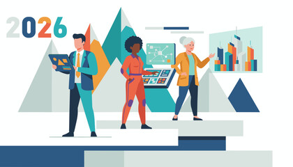 Business professionals collaborate on future technology and strategy goals for 2026