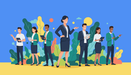 Diverse business team stands in a vibrant natural setting showing leadership and collaboration