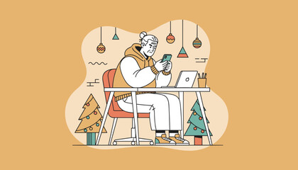 Casual senior working remotely on phone next to Christmas trees during the festive holiday season