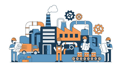 Industrial factory production illustration with workers machinery logistics and delivery transport
