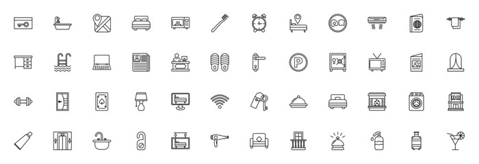 Hotel icon set. Minimal vector line icons pack. Incldes key card, bed, wifi, simming pool, breakfast, elvator, air conditioning an more. Editable stroke.