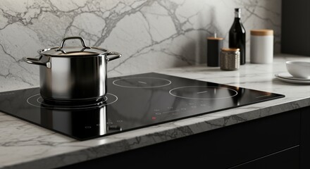 sleek modern kitchen with pot on stove, marble countertop and stylish decor elements