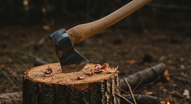 axe embedded in tree stump on forest floor with wood shavings suggesting outdoor logging