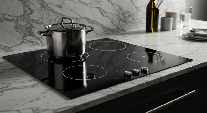 modern kitchen with induction cooktop and pot on marble countertop in soft lighting