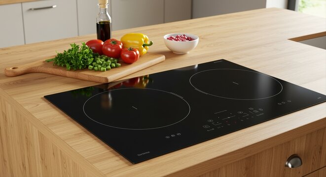 modern kitchen with induction cooktop and fresh vegetables on wooden countertop