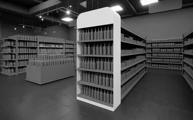 Dark mode 3D supermarket gondola end end cap mock-up background render © Neo3Design