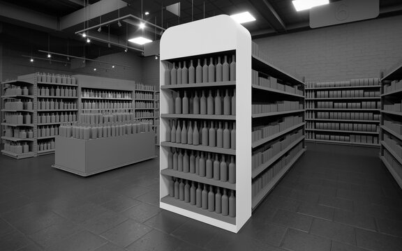 Dark mode 3D supermarket gondola end end cap mock-up background render