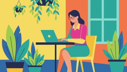 Woman working remotely on a laptop in a vibrant natural plantfilled environment