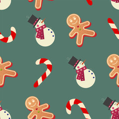 Fototapeta premium Pattern Vector illustration Festive designs display cheerful snowmen with top hats, playful gingerbread men, and striped candy canes on a green backdrop