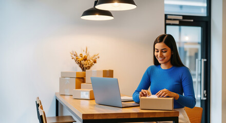 Order packing workflow for a home-based maker preparing parcels for marketplace sales and an online store for courier portals or postal tutorials about shipping labels plus fulfillment for small firms