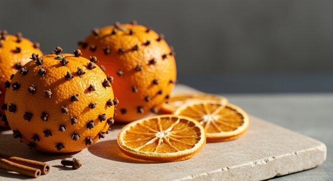 citrus and clove pomander balls on rustic board with sunlight creating long shadows