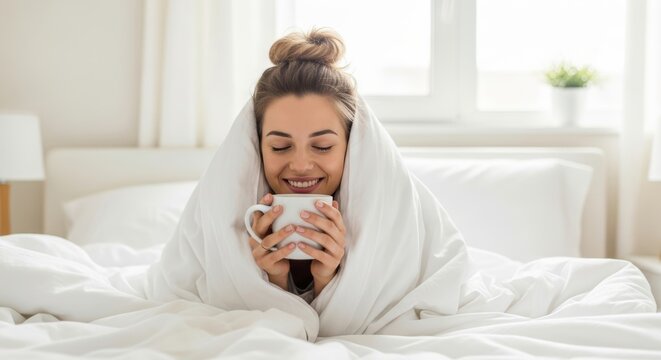 A happy woman with her eyes closed smiles as she enjoys a warm drink from a mug, wrapped in a cozy white blanket in a bright bedroom. - Powered by Adobe