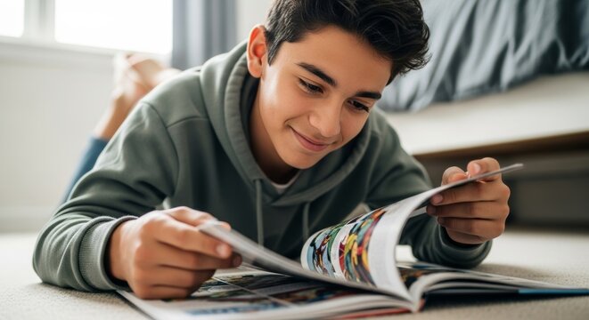 A smiling teenage boy in a hoodie lies on his bedroom floor, happily absorbed in reading a colorful comic book, flipping through the pages.