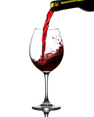 Red wine being poured into a glass on a white background.