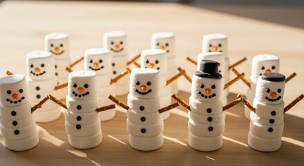 playful marshmallow snowmen with pretzel arms on a wooden table in sunny kitchen
