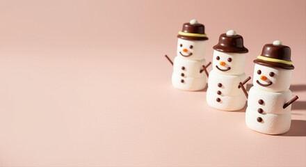 festive marshmallow snowmen with chocolate hats on pink background, winter holiday dessert