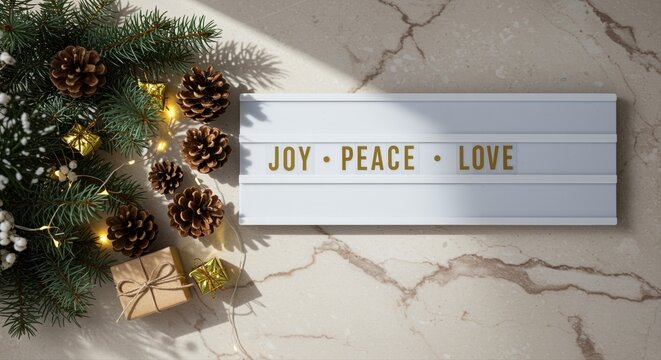 festive holiday scene with pinecones, gift and joy peace love sign on marble surface