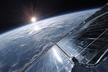 Panel słoneczny w przestrzeni kosmicznej nad Ziemią