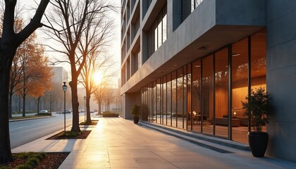 Fototapeta premium Exterior shot of a modern building with street view during sunset in autumn. Facades with glass windows reflect sunlight and sky. Trees stand along street in city downtown area.