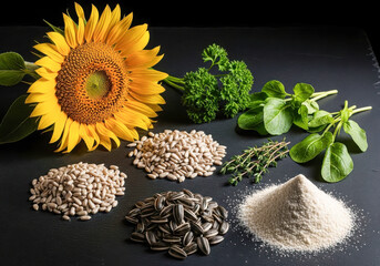 sunflower vegan burger ingredients on dark slate tabletop