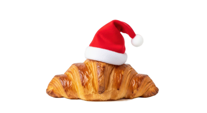 png Delicious golden croissant in Santa Claus hat, isolated on transparent background, festive bakery clipart for Christmas design.