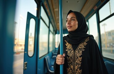Muslim woman in hijab travels by public bus. Female passenger holds onto handrail during commute. Beautiful stylish adult lady looks out window during travel. Concept of modern Islamic lifestyle.